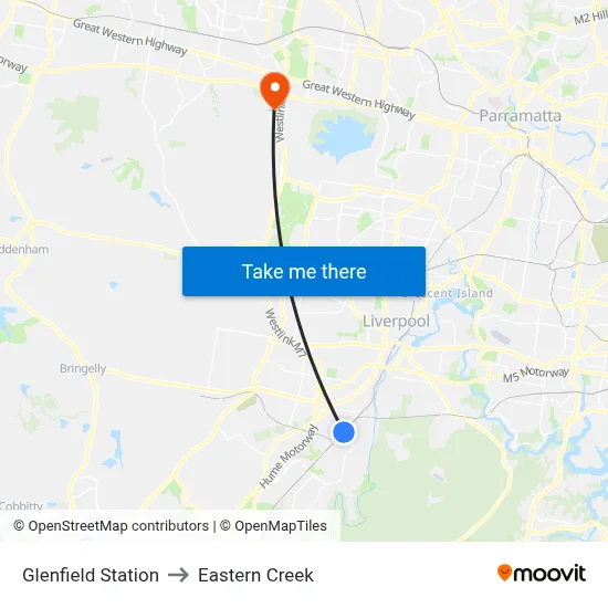 Glenfield Station to Eastern Creek map