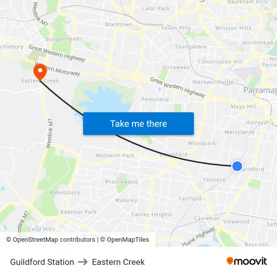 Guildford Station to Eastern Creek map