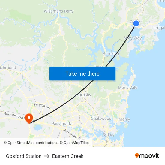Gosford Station to Eastern Creek map