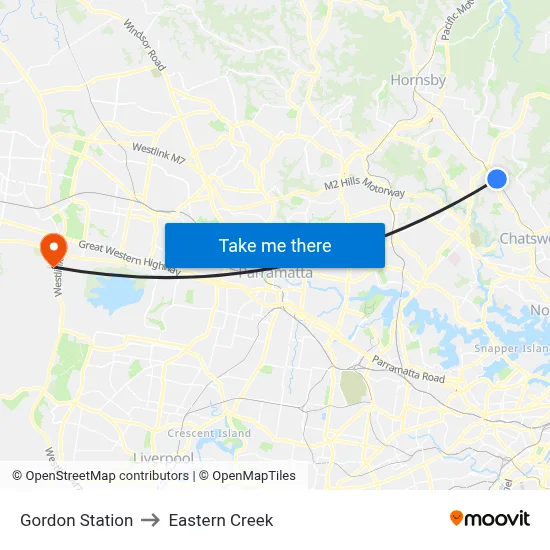 Gordon Station to Eastern Creek map