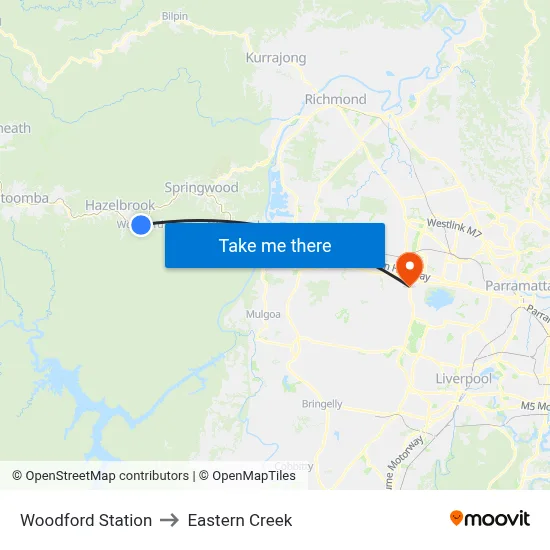 Woodford Station to Eastern Creek map