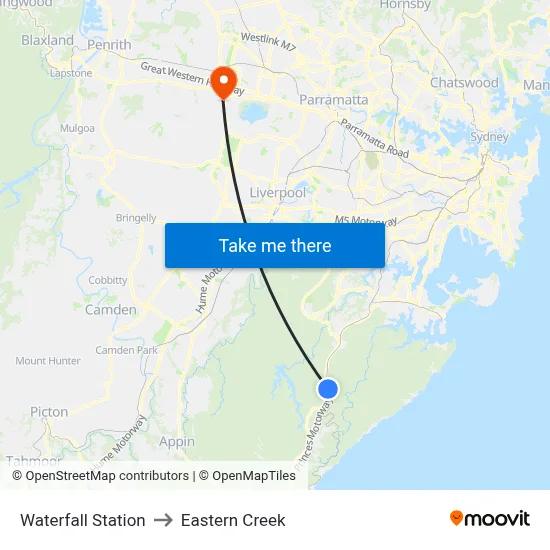 Waterfall Station to Eastern Creek map