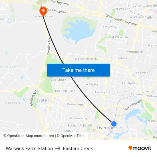 Warwick Farm Station to Eastern Creek map