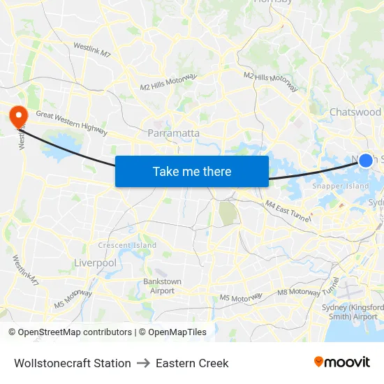 Wollstonecraft Station to Eastern Creek map