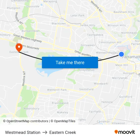 Westmead Station to Eastern Creek map