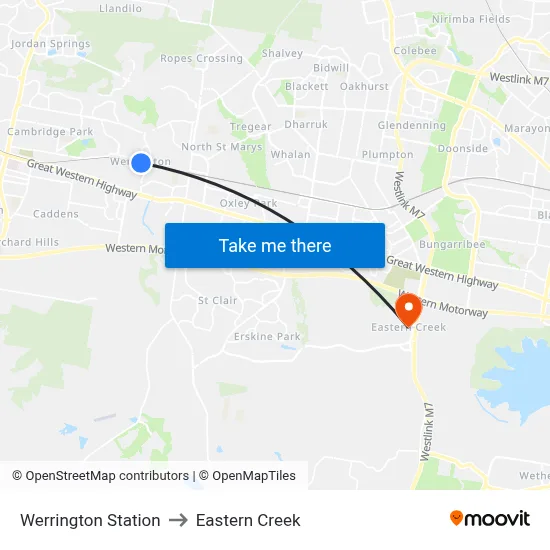 Werrington Station to Eastern Creek map