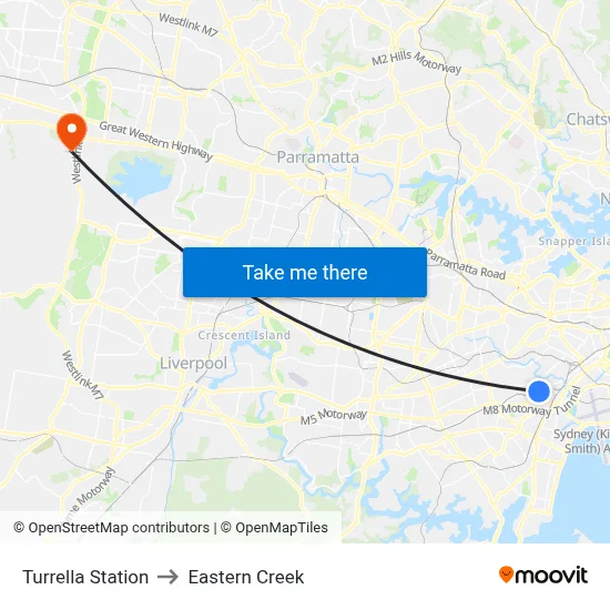 Turrella Station to Eastern Creek map