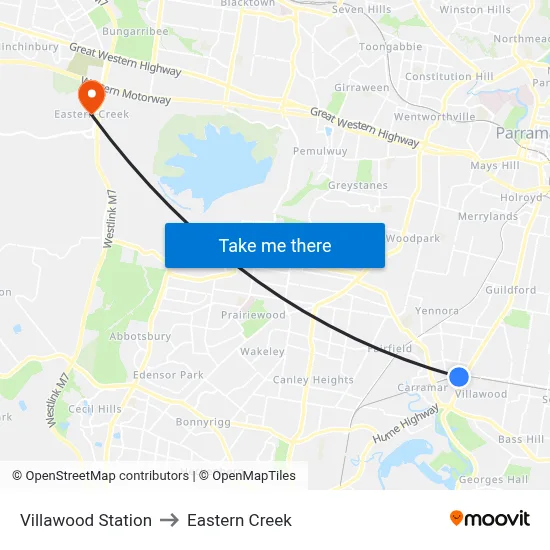 Villawood Station to Eastern Creek map