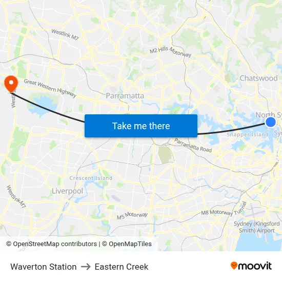 Waverton Station to Eastern Creek map
