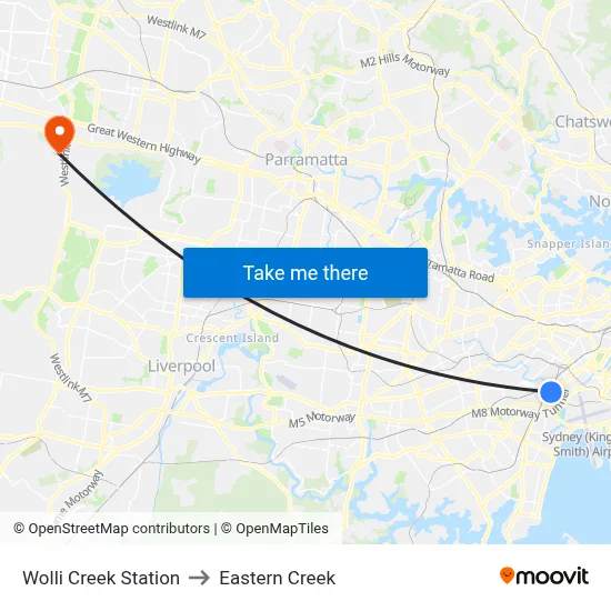 Wolli Creek Station to Eastern Creek map