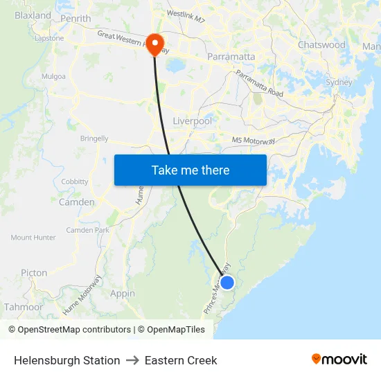 Helensburgh Station to Eastern Creek map