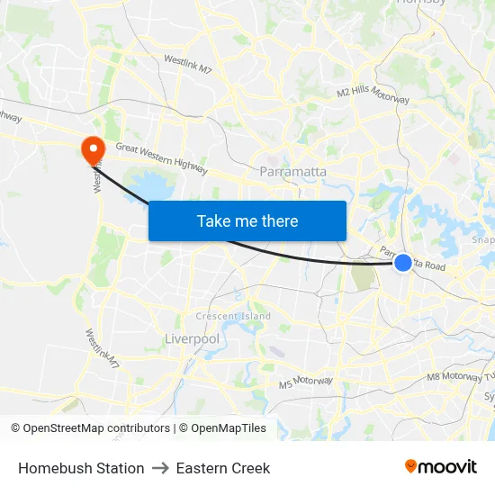 Homebush Station to Eastern Creek map
