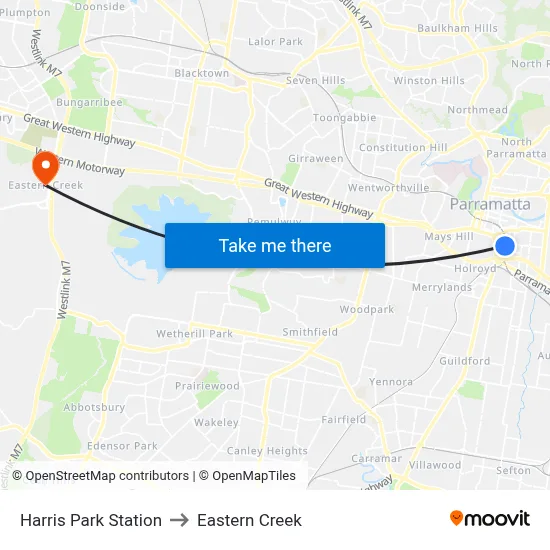Harris Park Station to Eastern Creek map