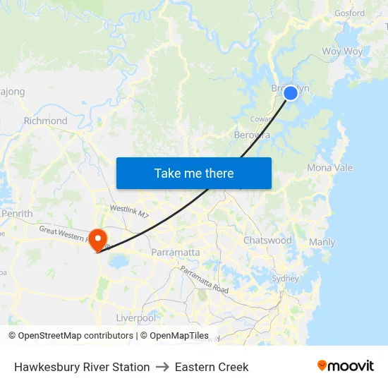 Hawkesbury River Station to Eastern Creek map