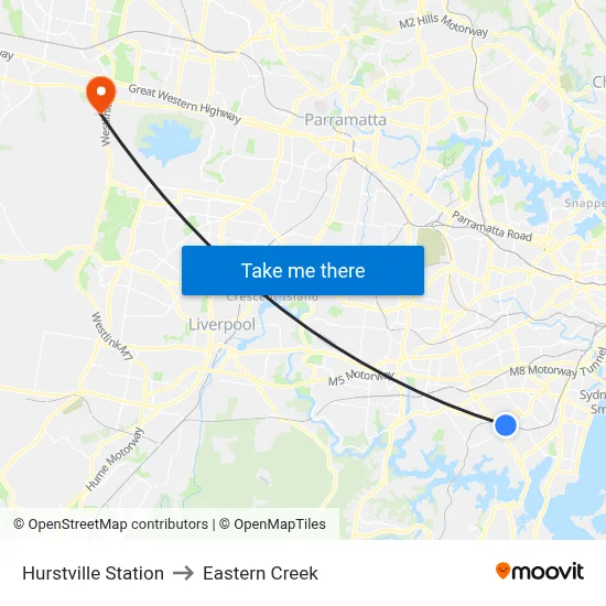 Hurstville Station to Eastern Creek map