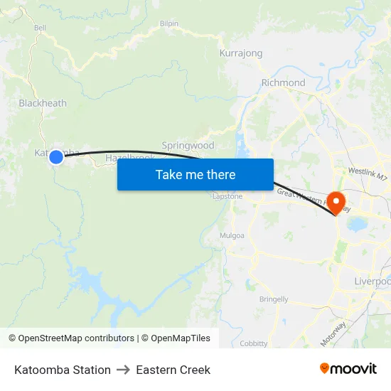 Katoomba Station to Eastern Creek map