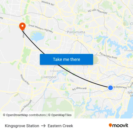 Kingsgrove Station to Eastern Creek map