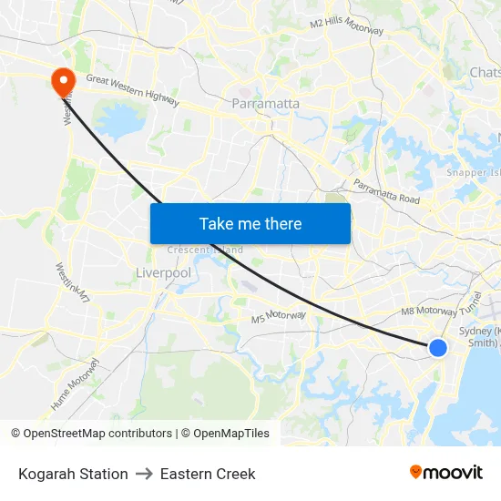 Kogarah Station to Eastern Creek map