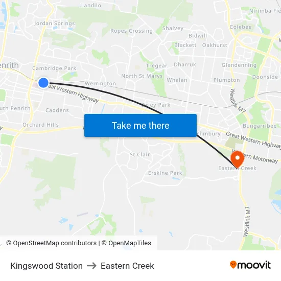 Kingswood Station to Eastern Creek map