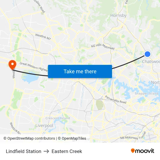 Lindfield Station to Eastern Creek map