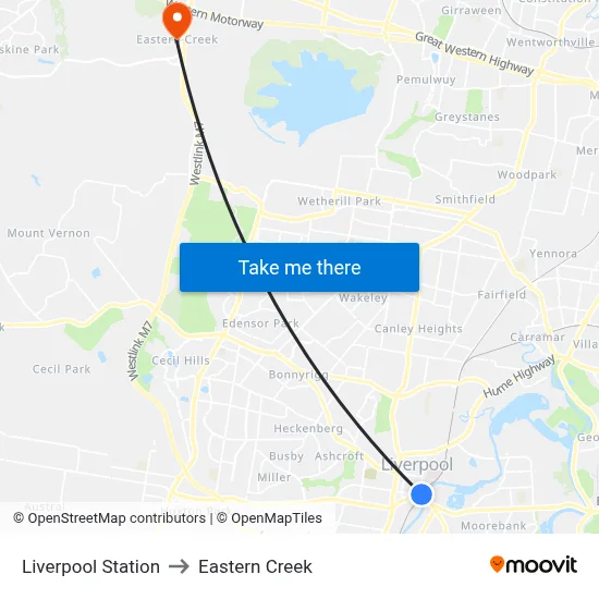 Liverpool Station to Eastern Creek map