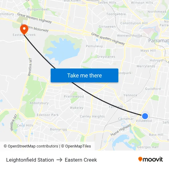 Leightonfield Station to Eastern Creek map