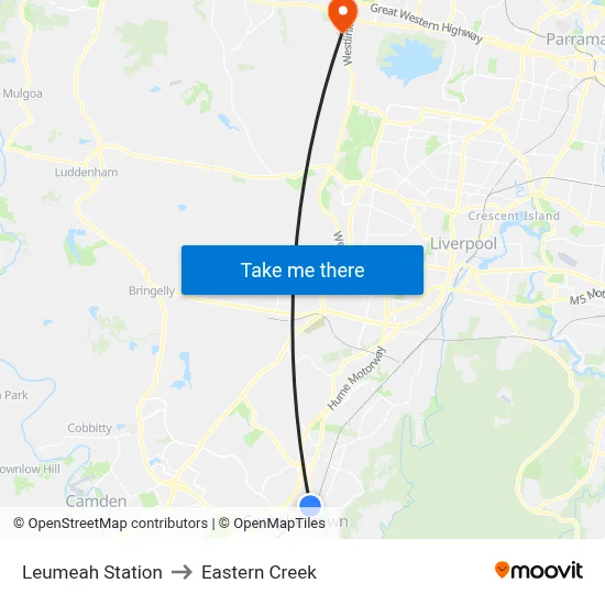 Leumeah Station to Eastern Creek map