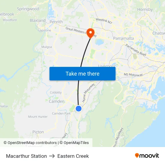 Macarthur Station to Eastern Creek map