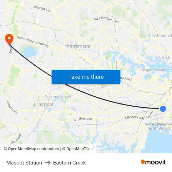 Mascot Station to Eastern Creek map