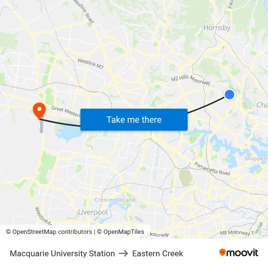 Macquarie University Station to Eastern Creek map