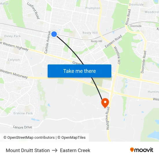 Mount Druitt Station to Eastern Creek map