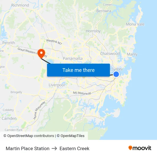 Martin Place Station to Eastern Creek map