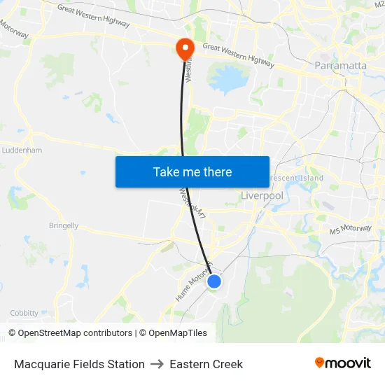 Macquarie Fields Station to Eastern Creek map