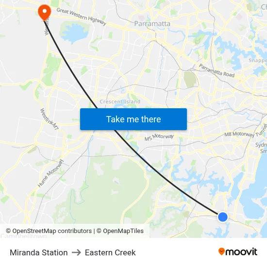 Miranda Station to Eastern Creek map