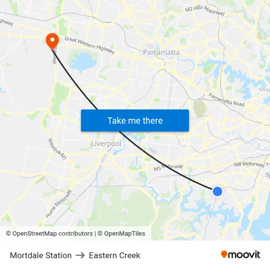 Mortdale Station to Eastern Creek map