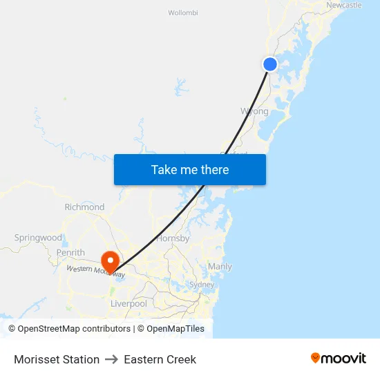 Morisset Station to Eastern Creek map