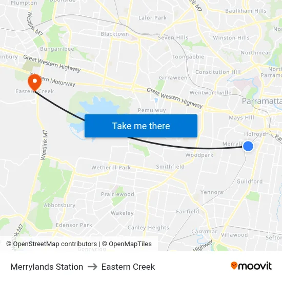 Merrylands Station to Eastern Creek map