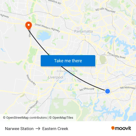 Narwee Station to Eastern Creek map