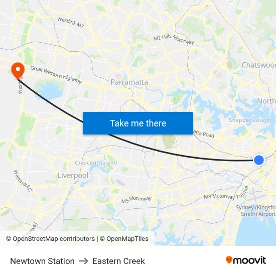 Newtown Station to Eastern Creek map