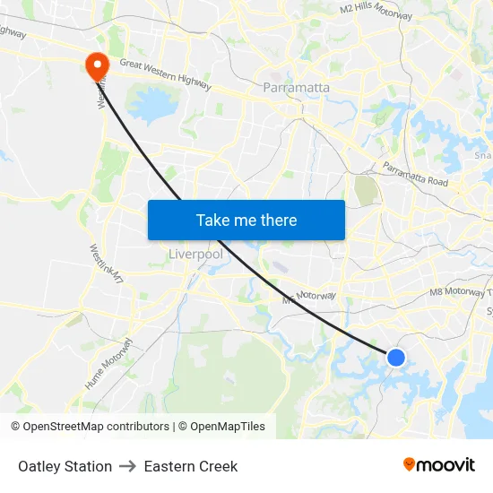 Oatley Station to Eastern Creek map