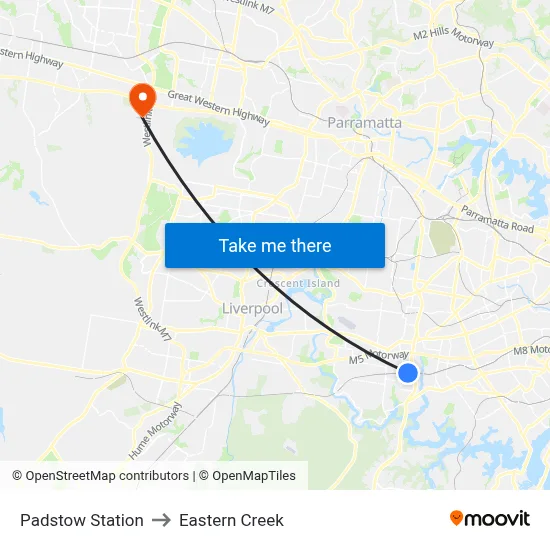 Padstow Station to Eastern Creek map