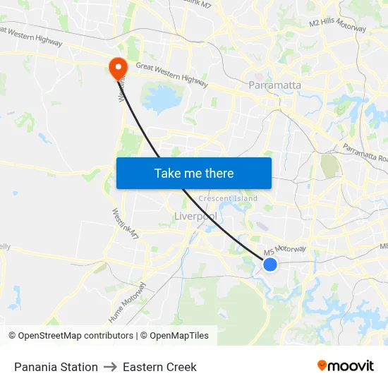 Panania Station to Eastern Creek map