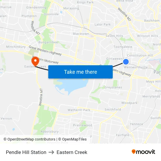 Pendle Hill Station to Eastern Creek map