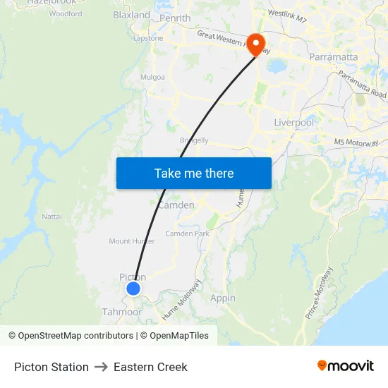 Picton Station to Eastern Creek map