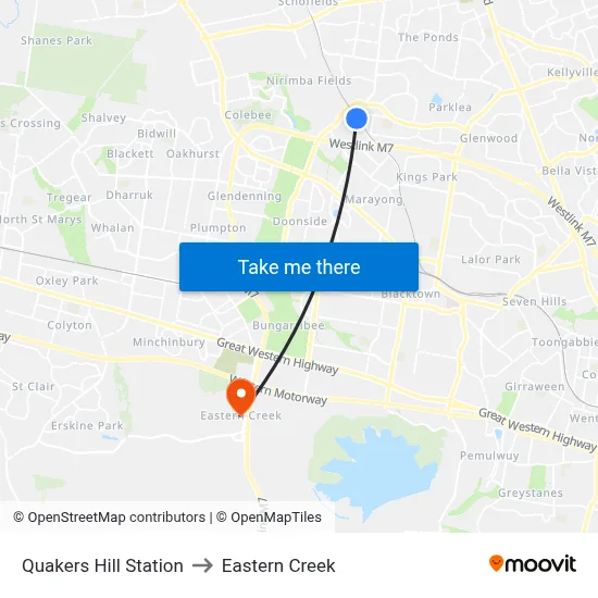 Quakers Hill Station to Eastern Creek map