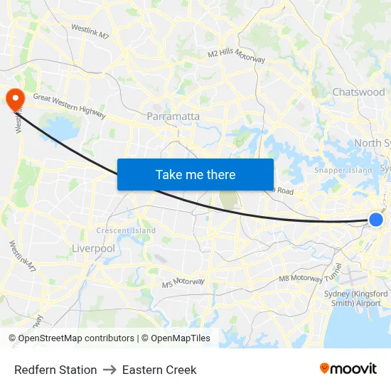 Redfern Station to Eastern Creek map