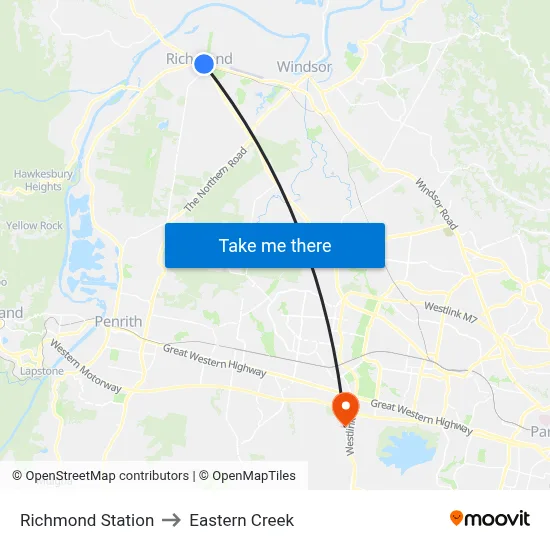 Richmond Station to Eastern Creek map