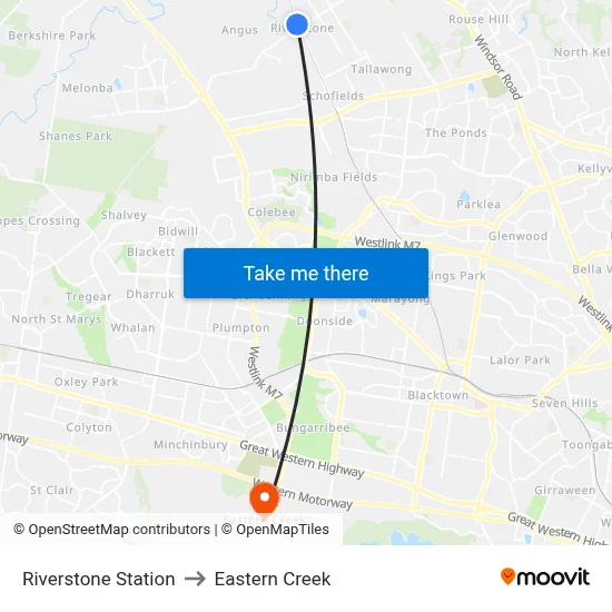 Riverstone Station to Eastern Creek map
