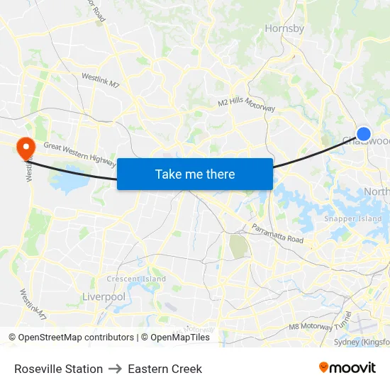 Roseville Station to Eastern Creek map