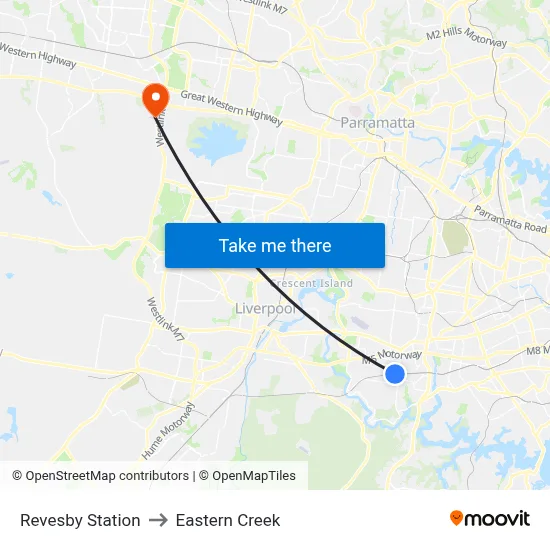 Revesby Station to Eastern Creek map